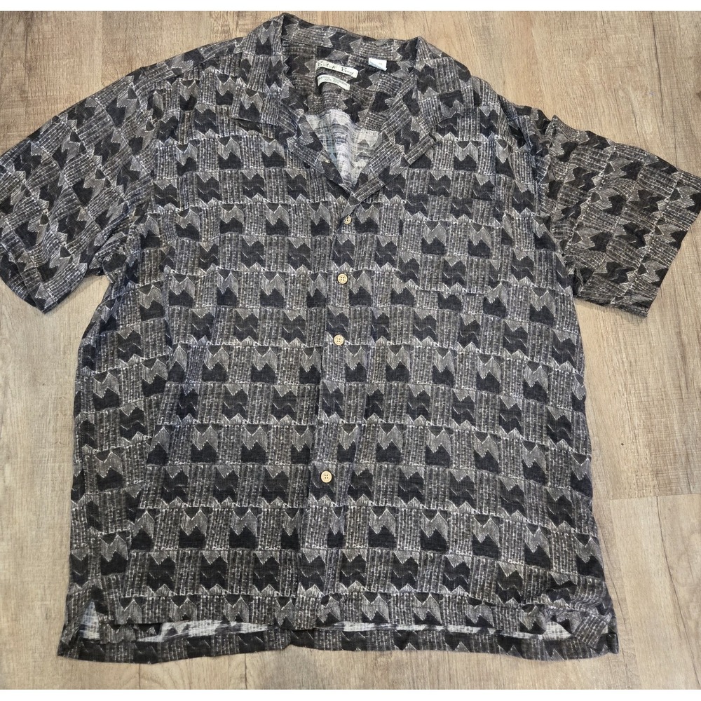 Batik Bay Men's XXL Silk Shirt Tropical‎ Brown Black Tan w/Pocket; Washable